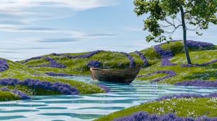 ein Gemälde eines Bootes auf einem Fluss, umgeben von violetten Blumen