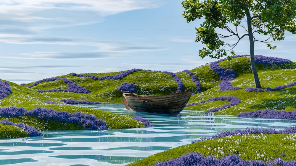 a painting of a boat on a river surrounded by purple flowers