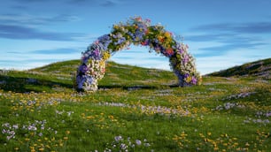 an arch made out of flowers in a field