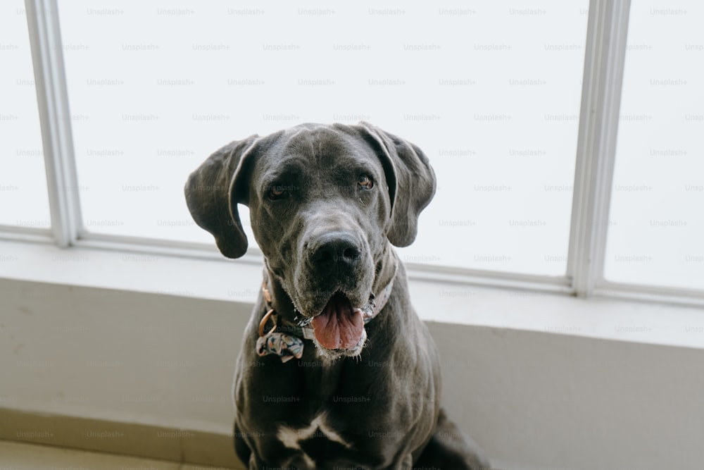 a large black dog sitting in front of a window
