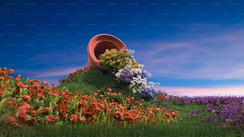 a painting of a flower pot in the middle of a field of flowers