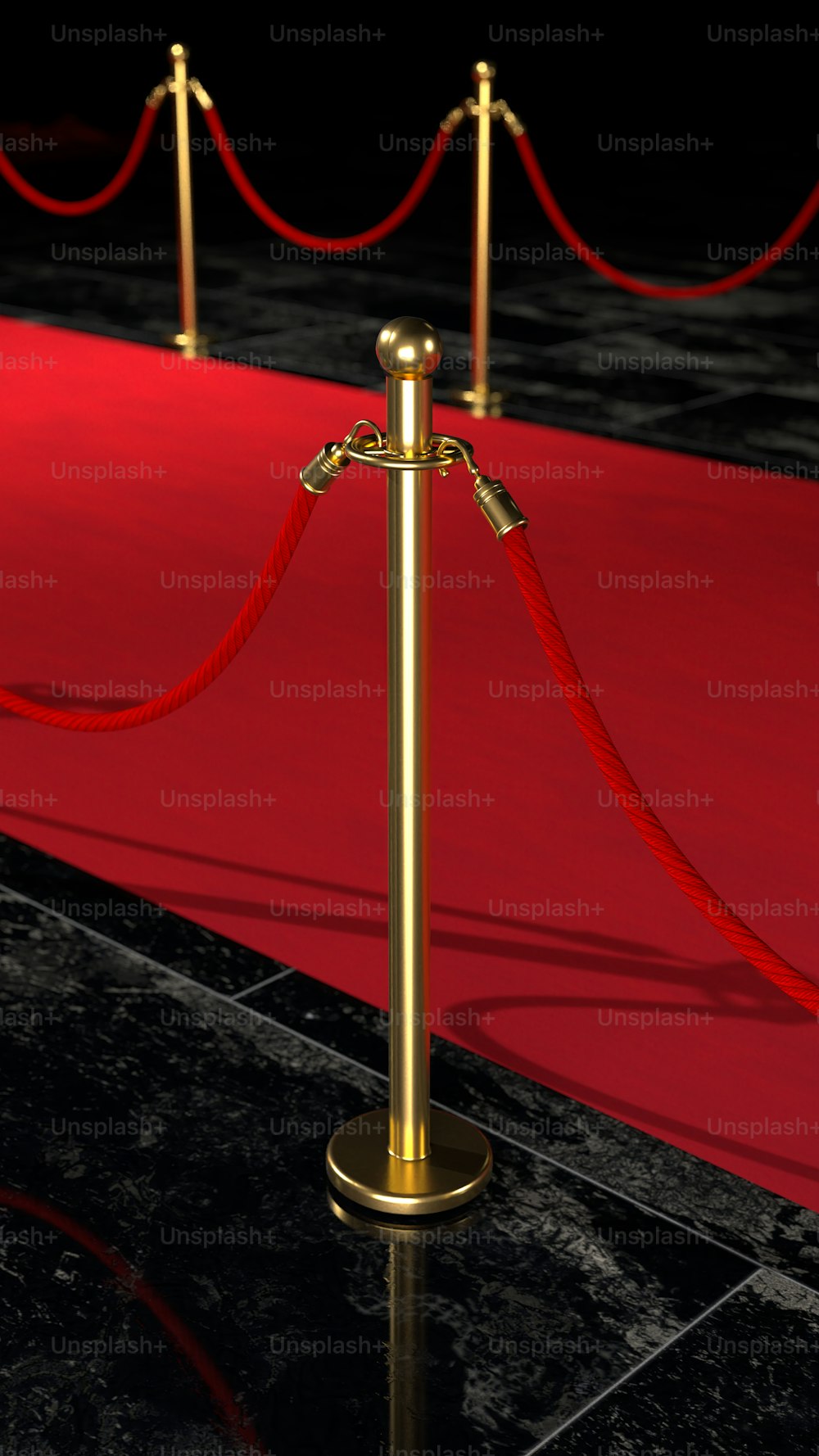 a red carpet with a gold rope and a red carpet barrier