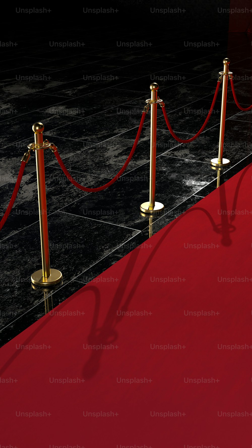 a red carpet with gold barriers and a red carpet