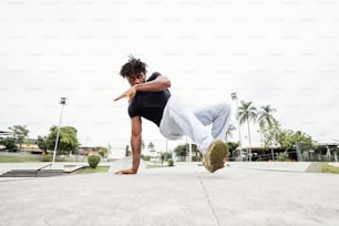 a man is doing a trick on a skateboard