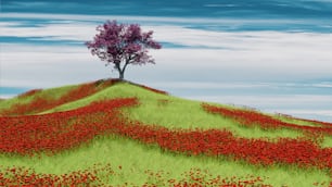a painting of a tree on top of a hill