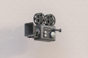 Eine altmodische Filmkamera, die an einer Wand montiert ist