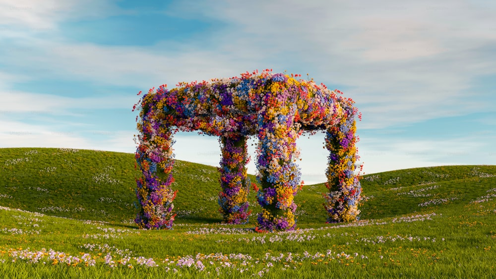 a sculpture made out of flowers in a field