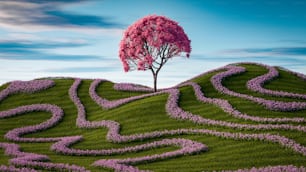 a pink tree in the middle of a green hill