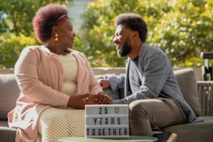 a man and a woman sitting on a couch talking