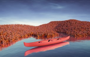 a red canoe floating on top of a body of water