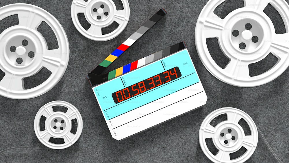 a movie clapper surrounded by white rims