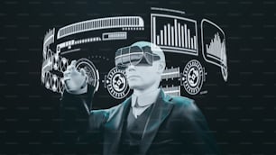 a man in a suit and glasses with a futuristic background
