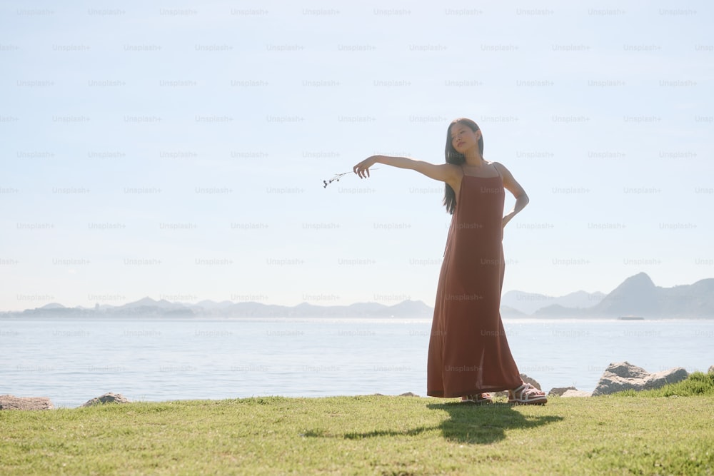 a woman in a long brown dress pointing at something