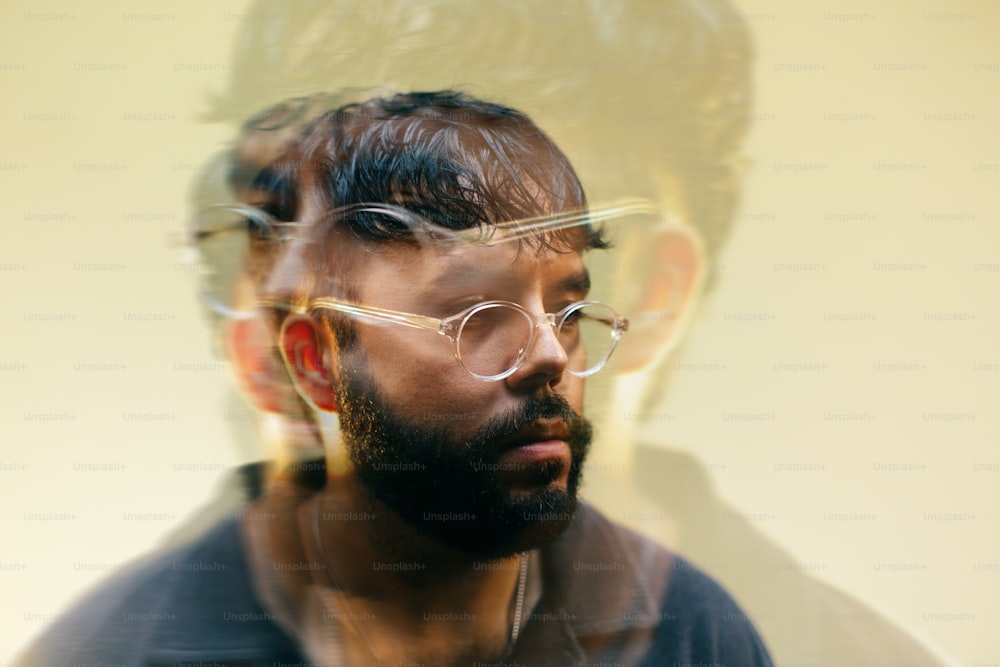 a man with a beard and glasses is reflected in a mirror