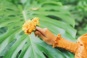 une personne tenant une fleur jaune dans sa main