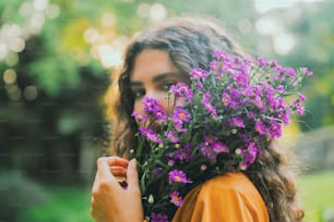 紫色の花束を持つ女性