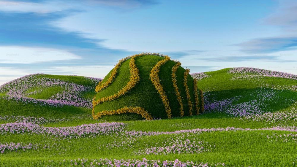 풀과 꽃으로 뒤덮인 푸른 언덕