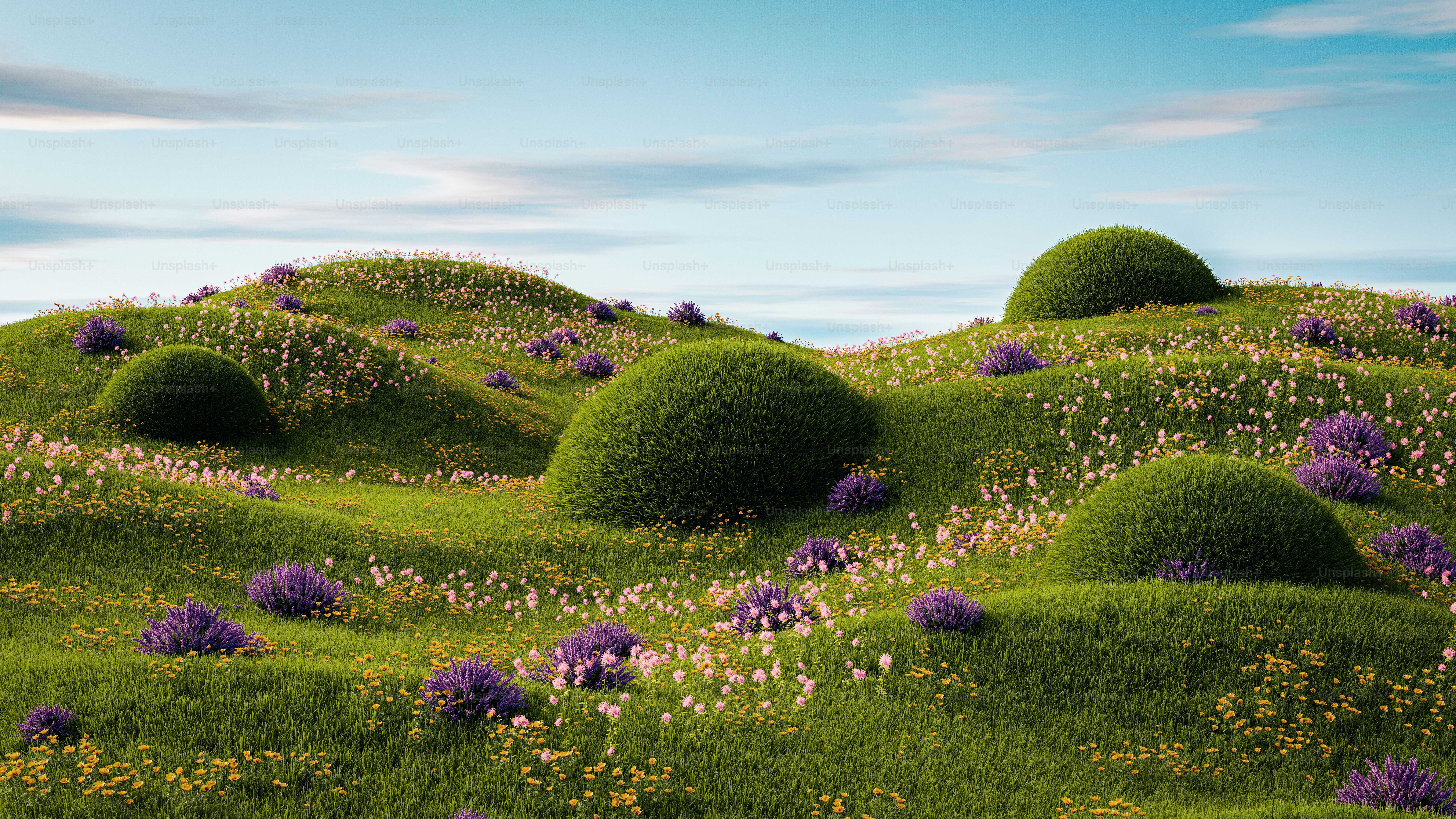 青空の下、紫色の花に覆われた緑の丘