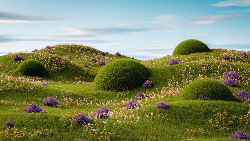 青空の下、紫色の花に覆われた緑の丘