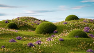 a green hill covered in purple flowers under a blue sky
