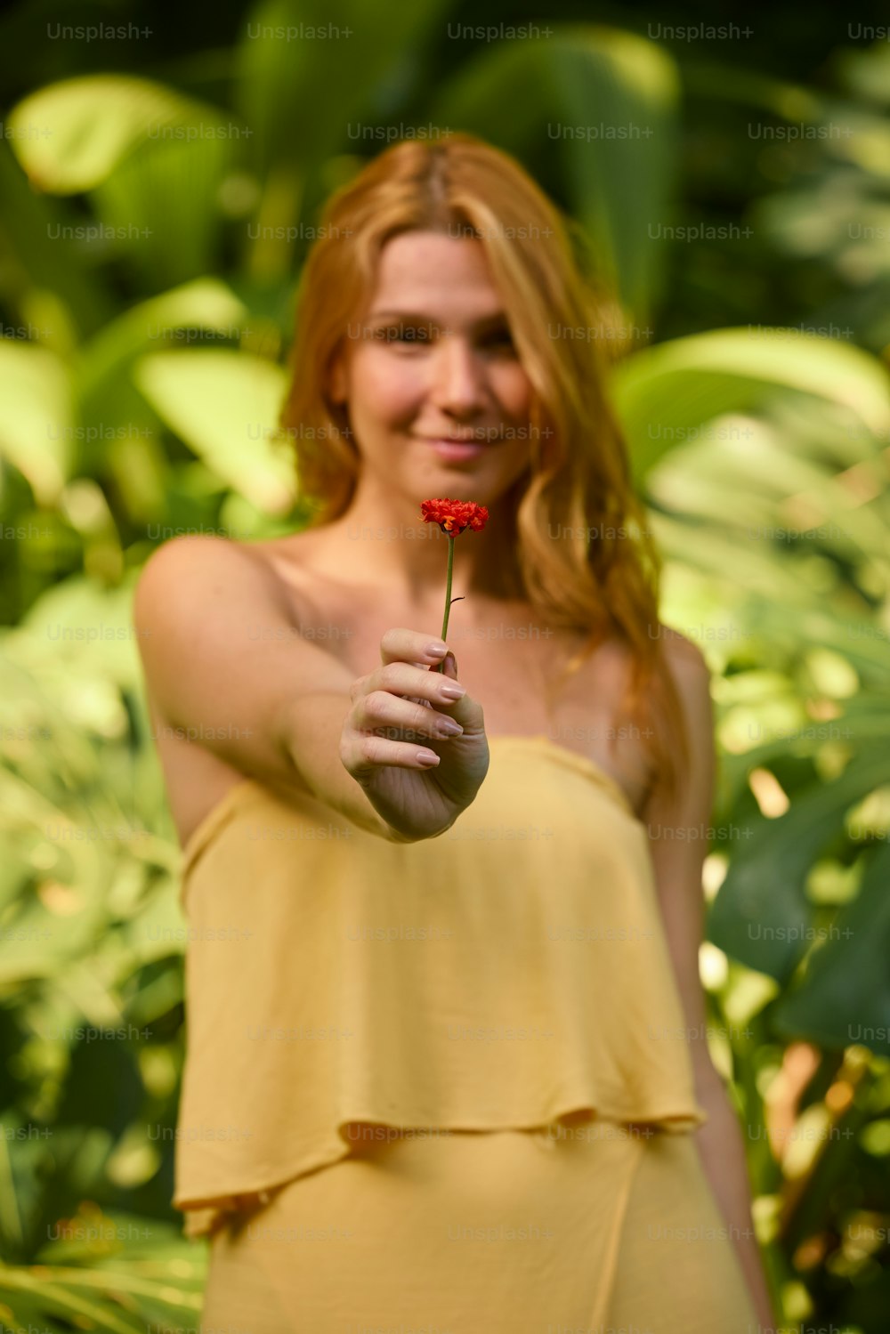 a woman in a yellow dress holding a red flower