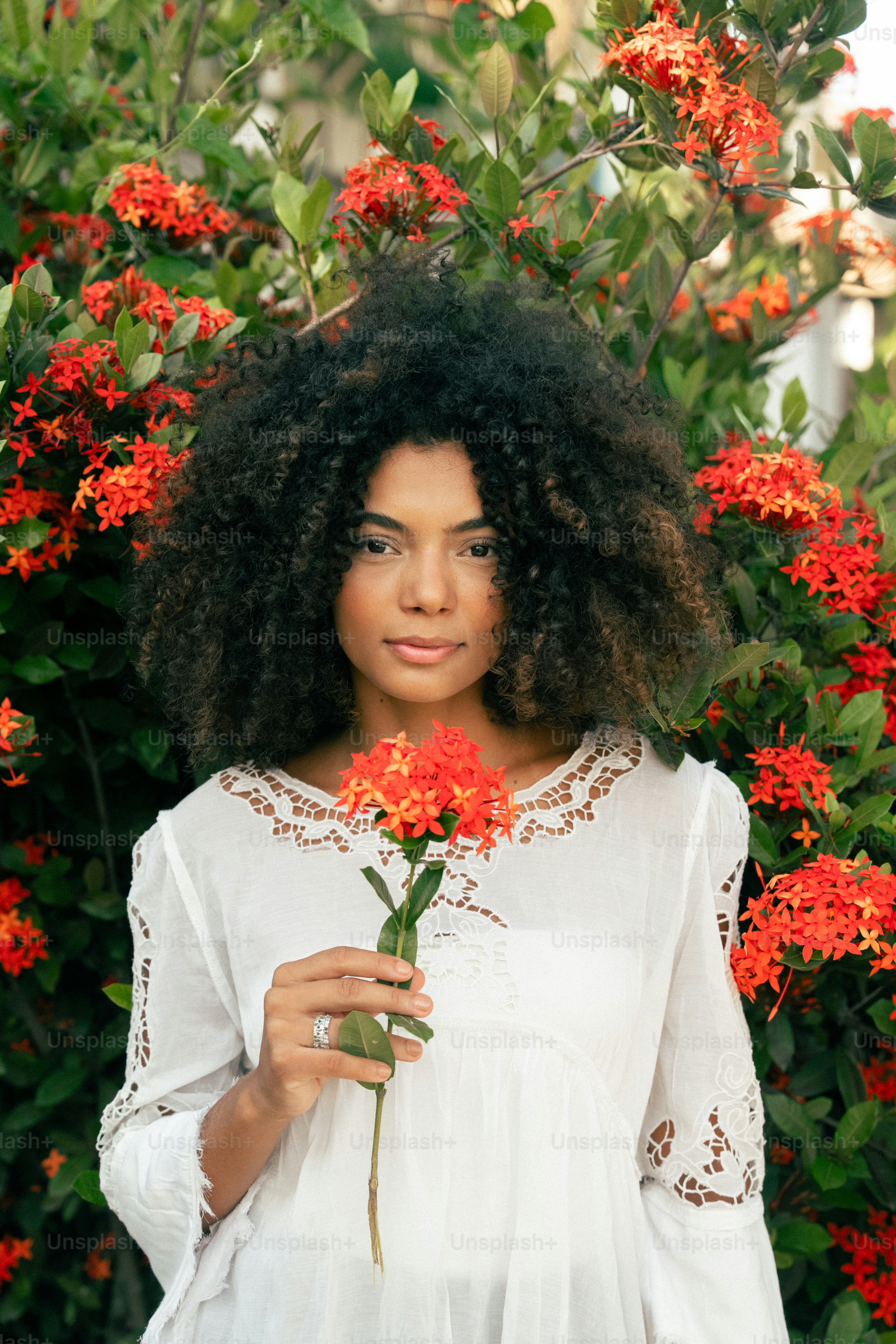 eine Frau steht vor einem Busch mit roten Blumen