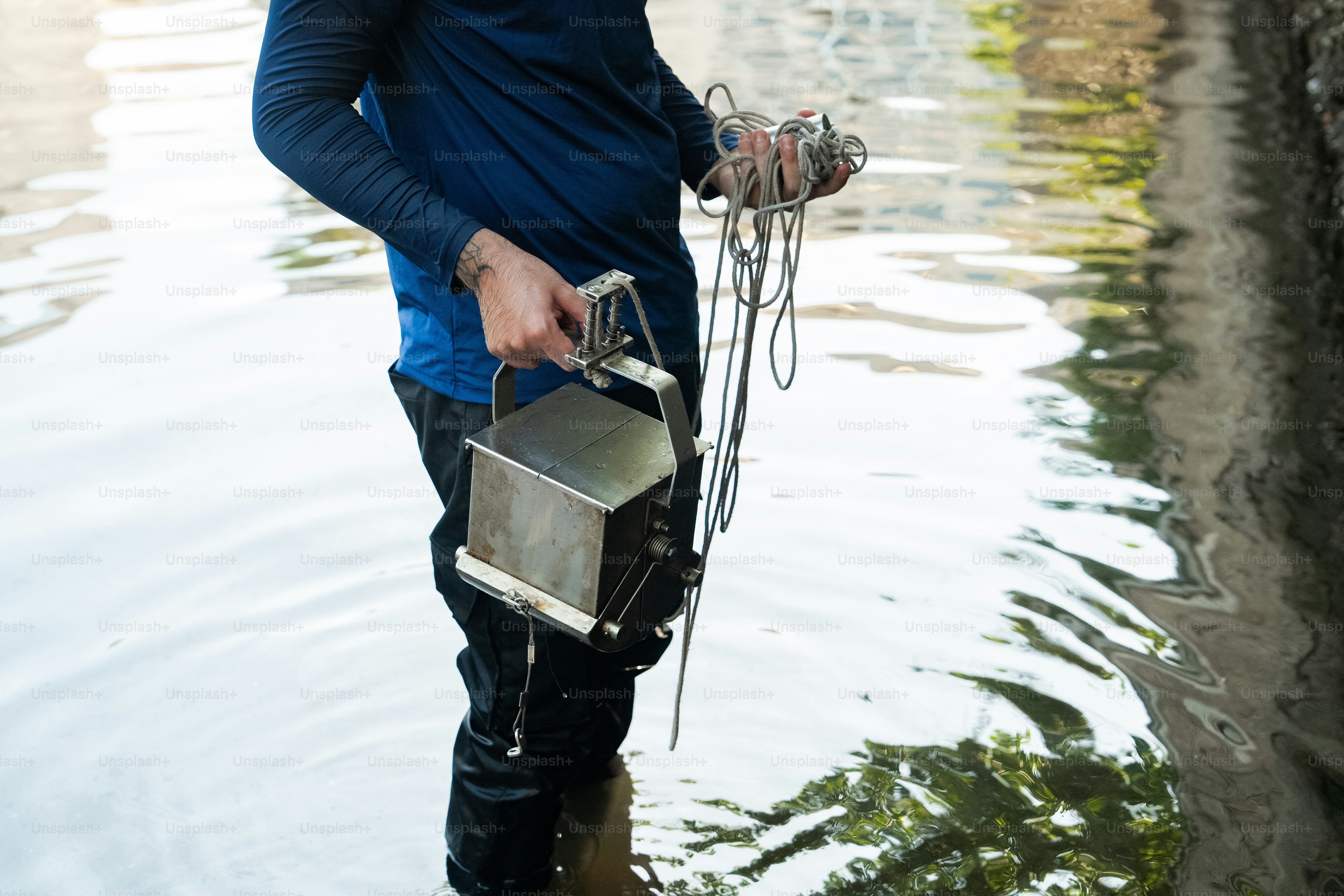 un homme debout dans un plan d’eau tenant une lumière