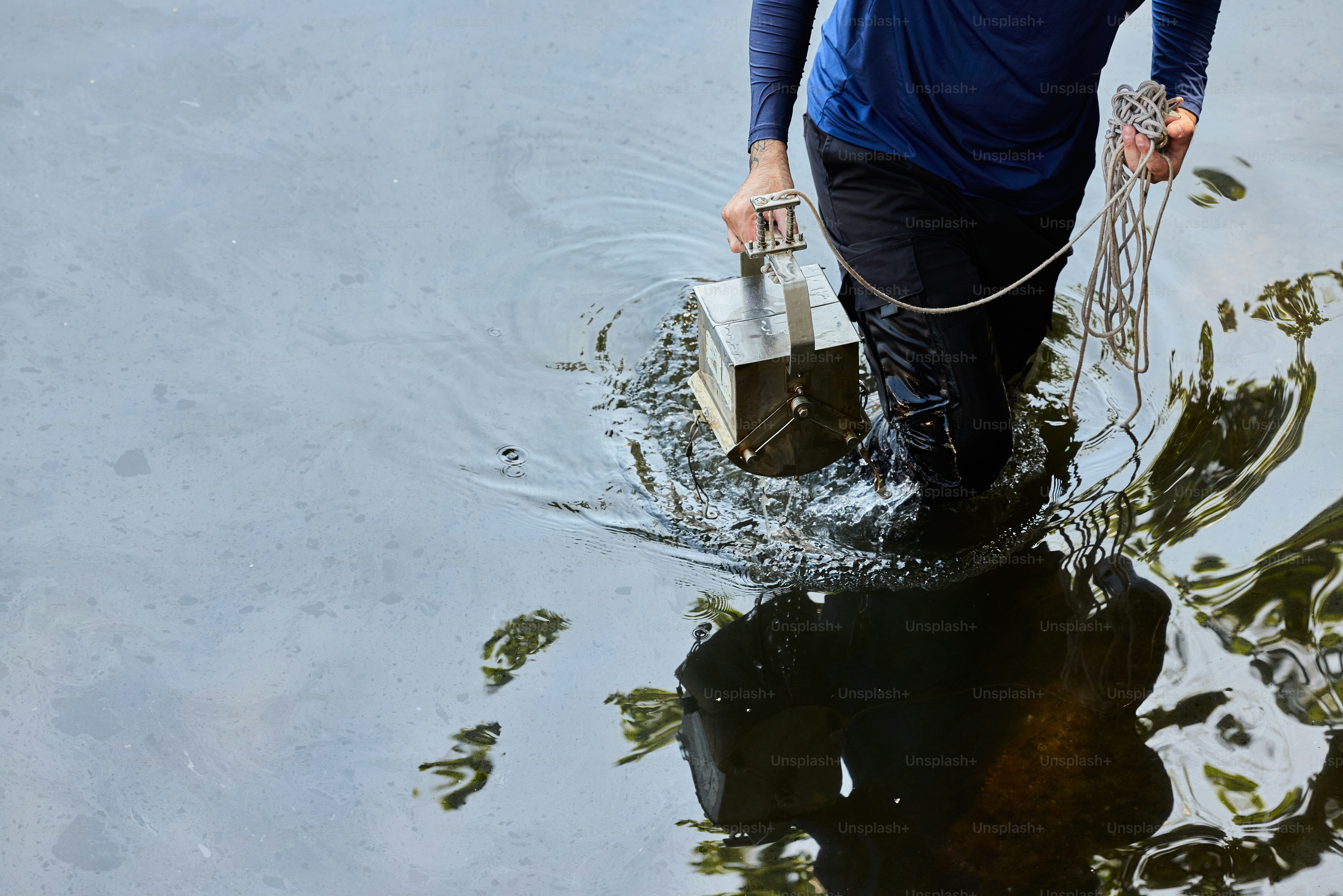 Un homme en chemise bleue tient un seau dans l’eau