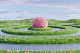 ein rosafarbener Baum mitten in einem Labyrinth