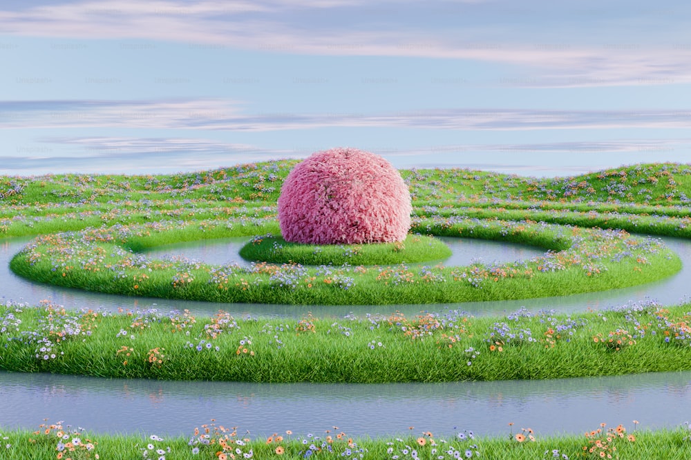uma árvore cor-de-rosa no meio de um labirinto