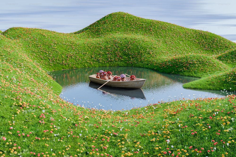 una barca che galleggia sulla cima di un lago circondata da lussureggianti colline verdi
