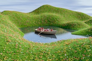 a boat floating on top of a lake surrounded by lush green hills