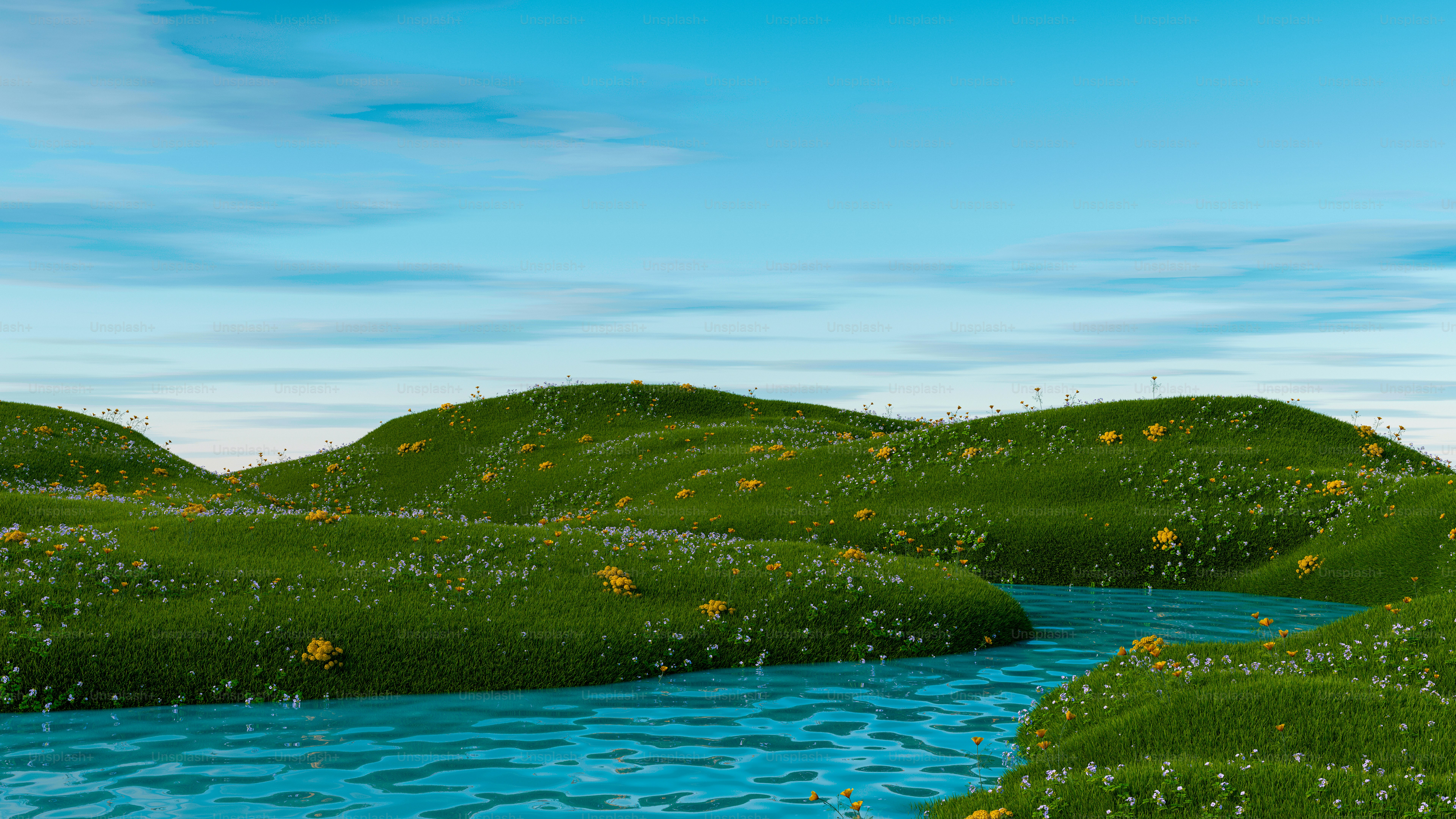 a river running through a lush green hillside