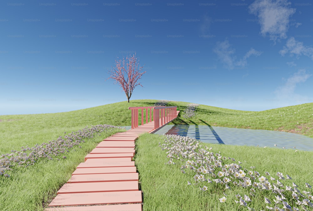 Una representación en 3D de un camino que conduce a un estanque