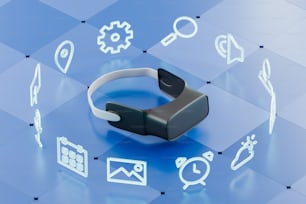 Ein Virtual-Reality-Headset, umgeben von Symbolen