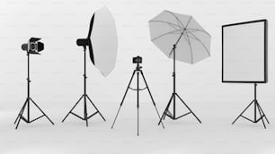 a group of photography equipment with a white background