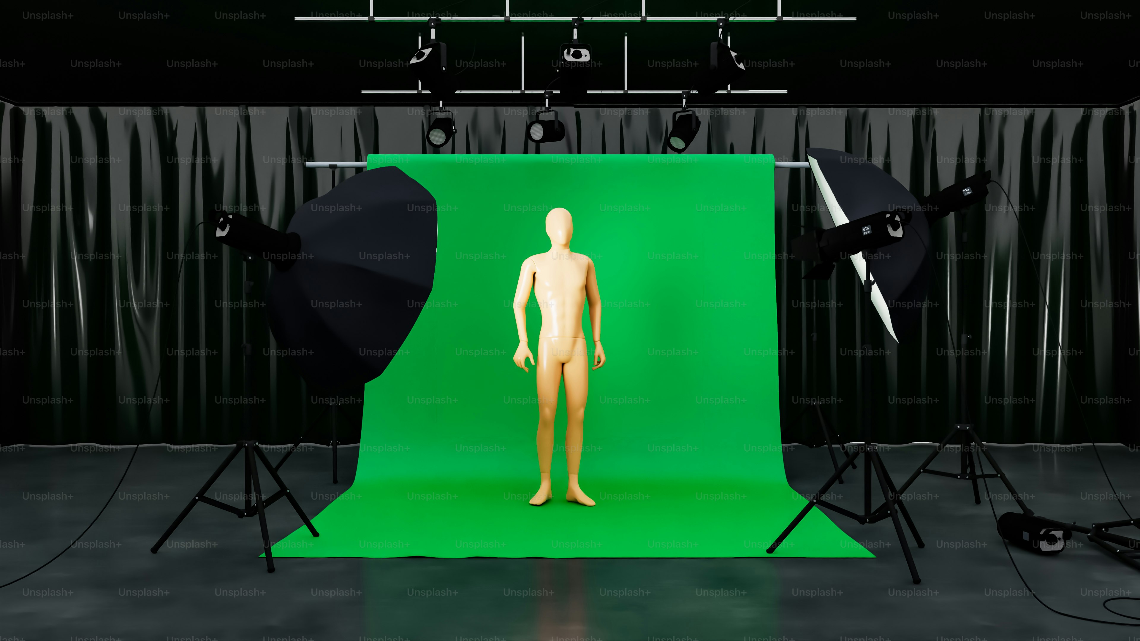 A futuristic movie studio filled with holographic screens showing AI-generated actors, digital directors, and automated film editing systems.