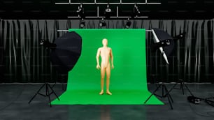 un manichino in piedi davanti a uno schermo verde