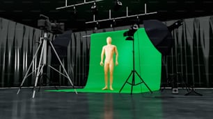 a mannequin standing in front of a green screen