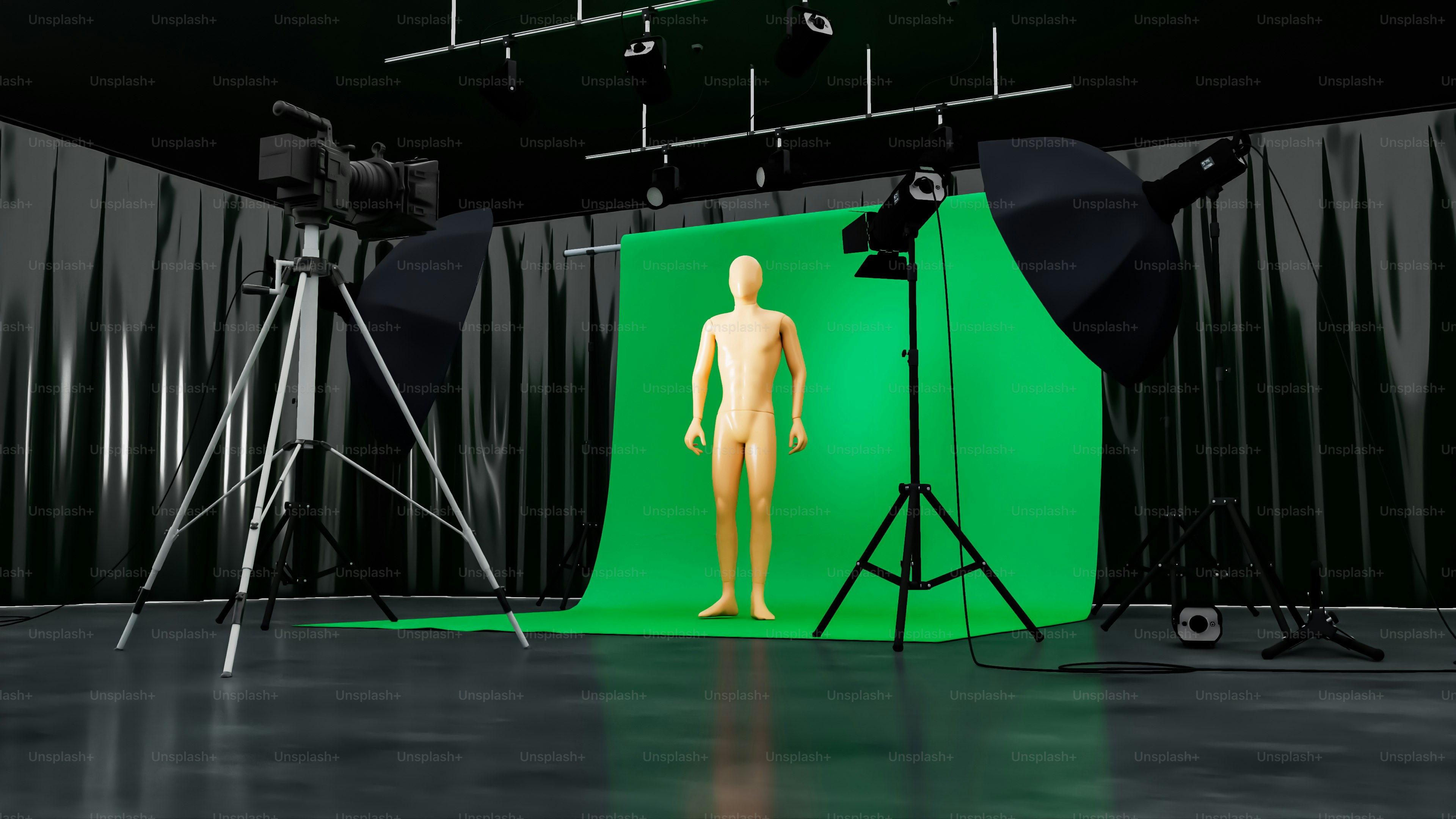 a mannequin standing in front of a green screen