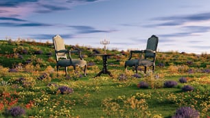 un par de sillas sentadas en lo alto de un exuberante campo verde