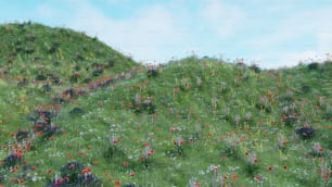 une peinture d’une colline herbeuse avec des fleurs rouges et blanches