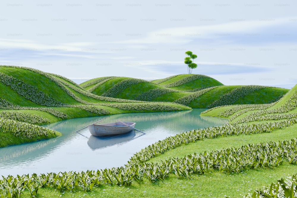 緑の�丘に囲まれた湖に浮かぶボートの絵