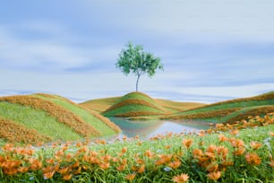 uma pintura de flores e uma árvore em uma colina