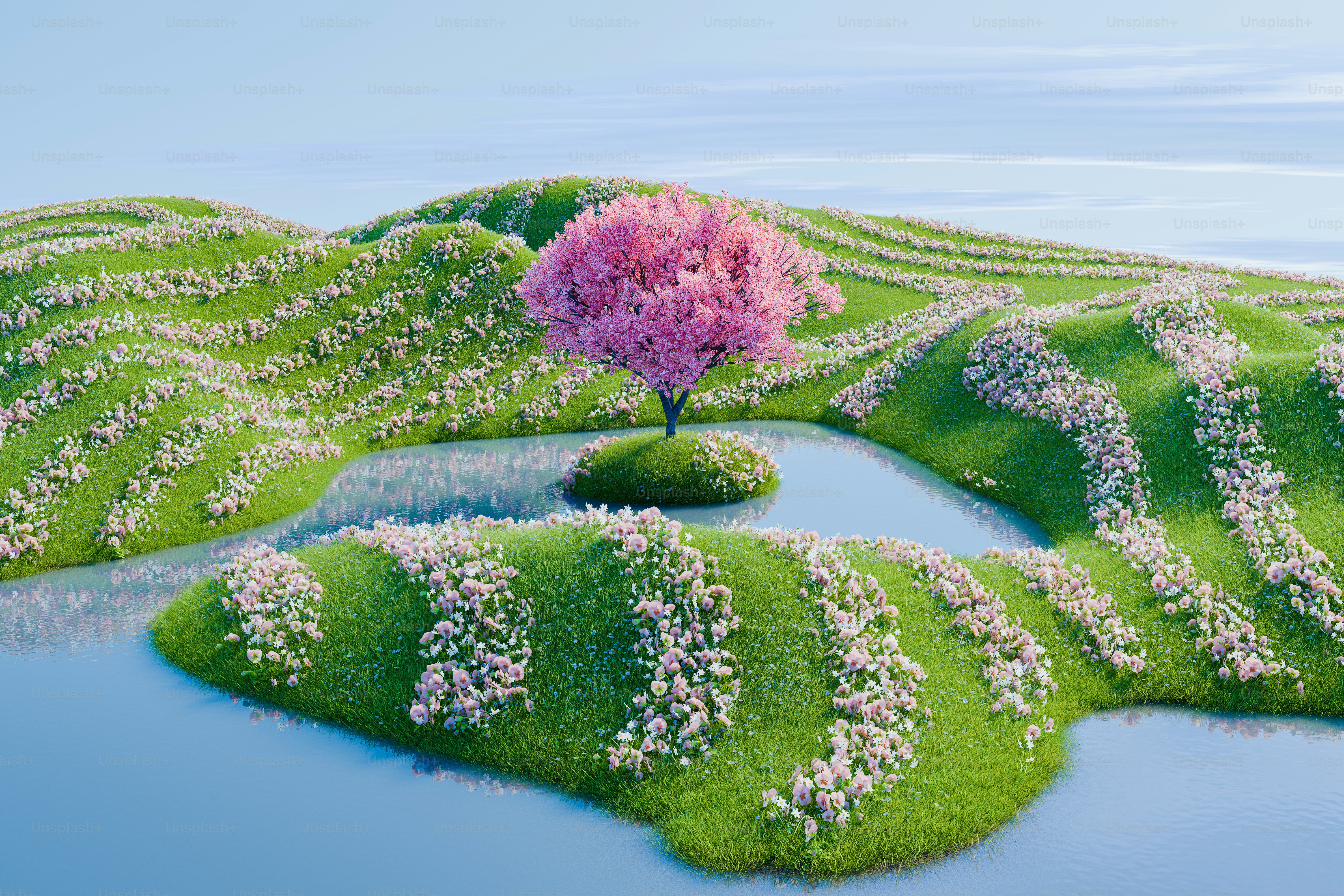 a painting of a tree in a field of grass