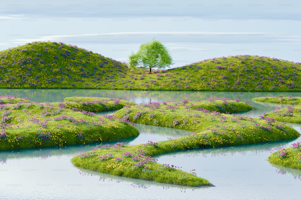 a group of mounds of grass with a tree in the middle of them