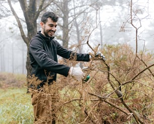 Un hombre está podando un árbol con un par de guantes