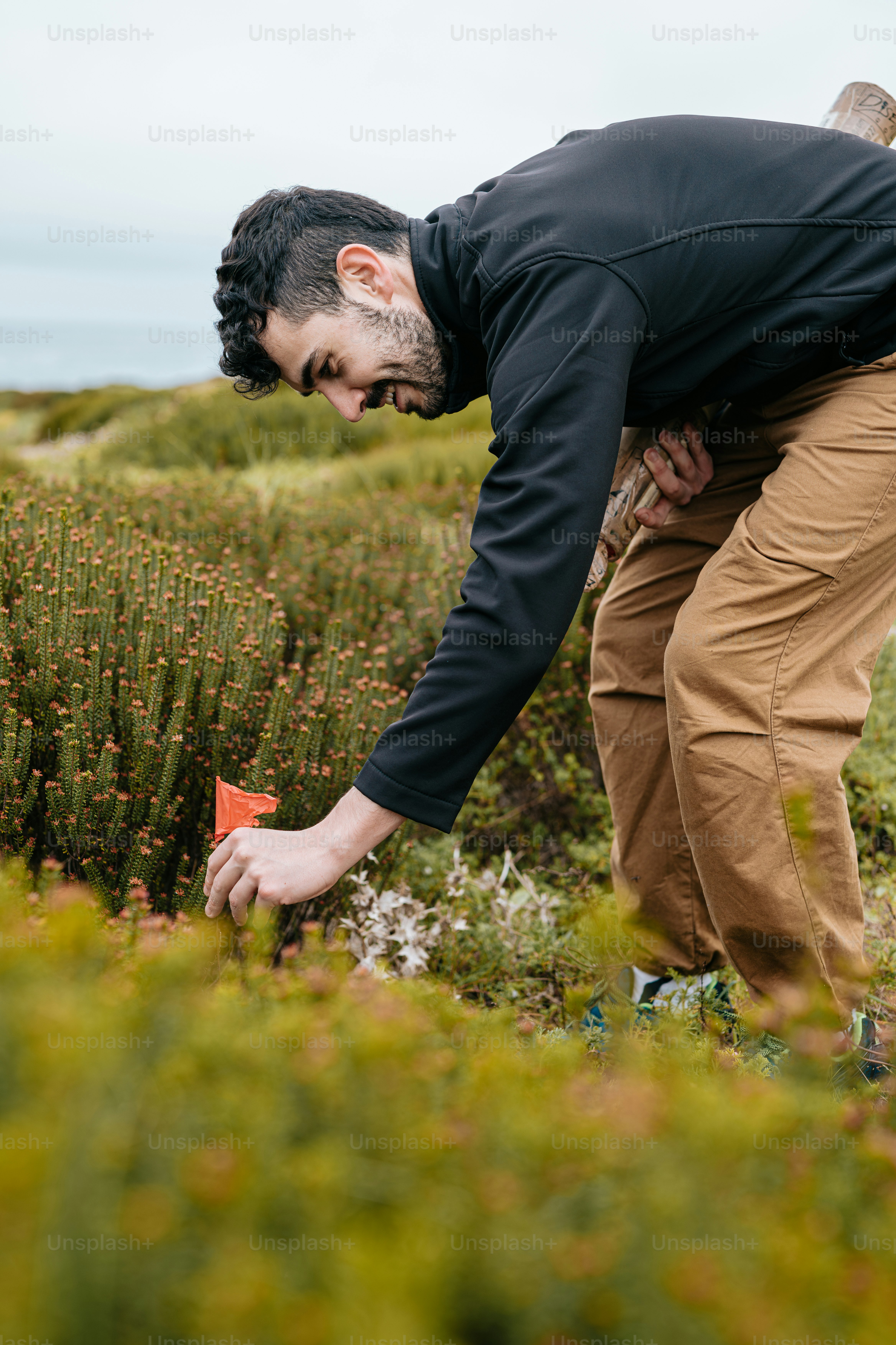 a man in a black shirt picking up a plant