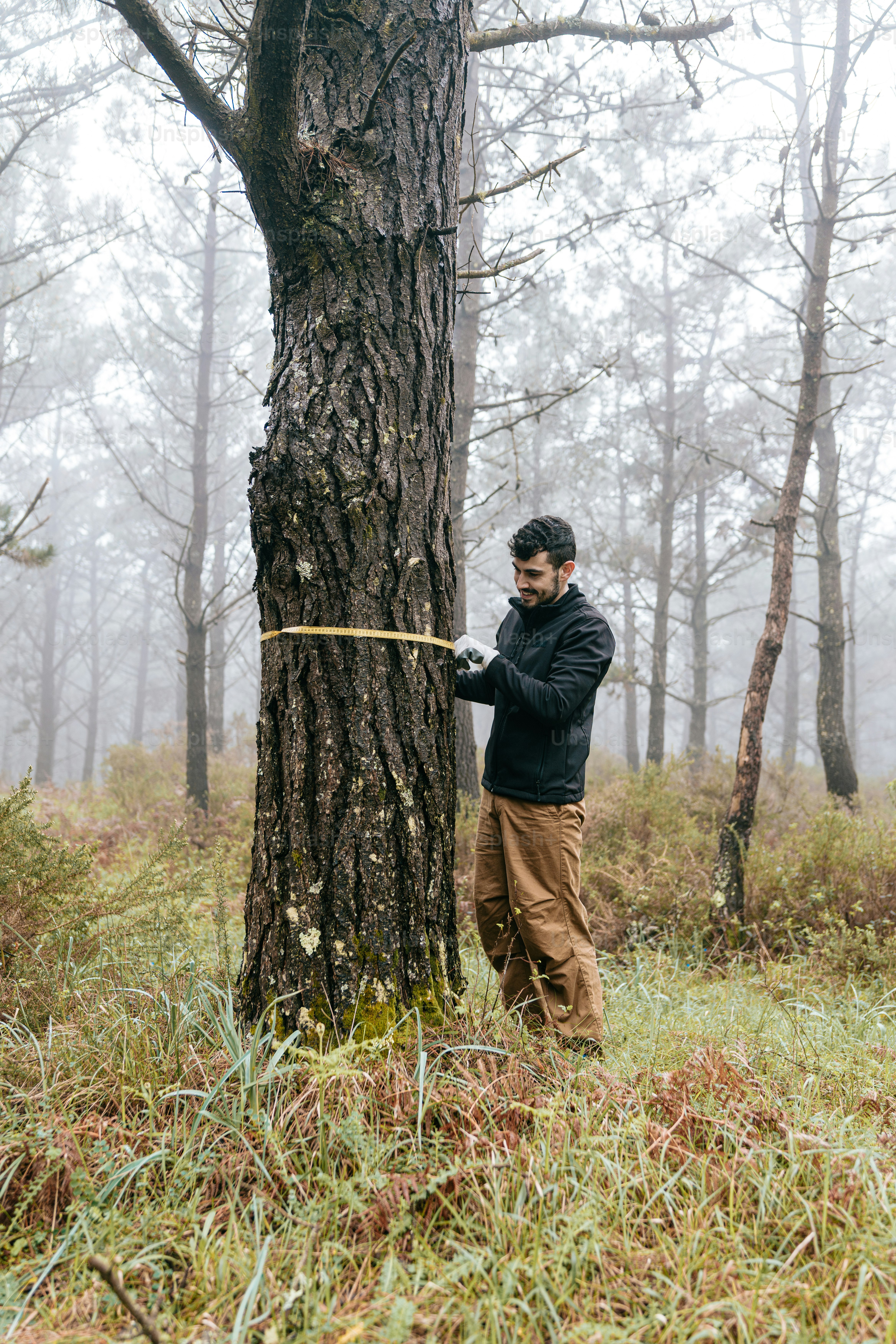 a man standing next to a tree in a forest