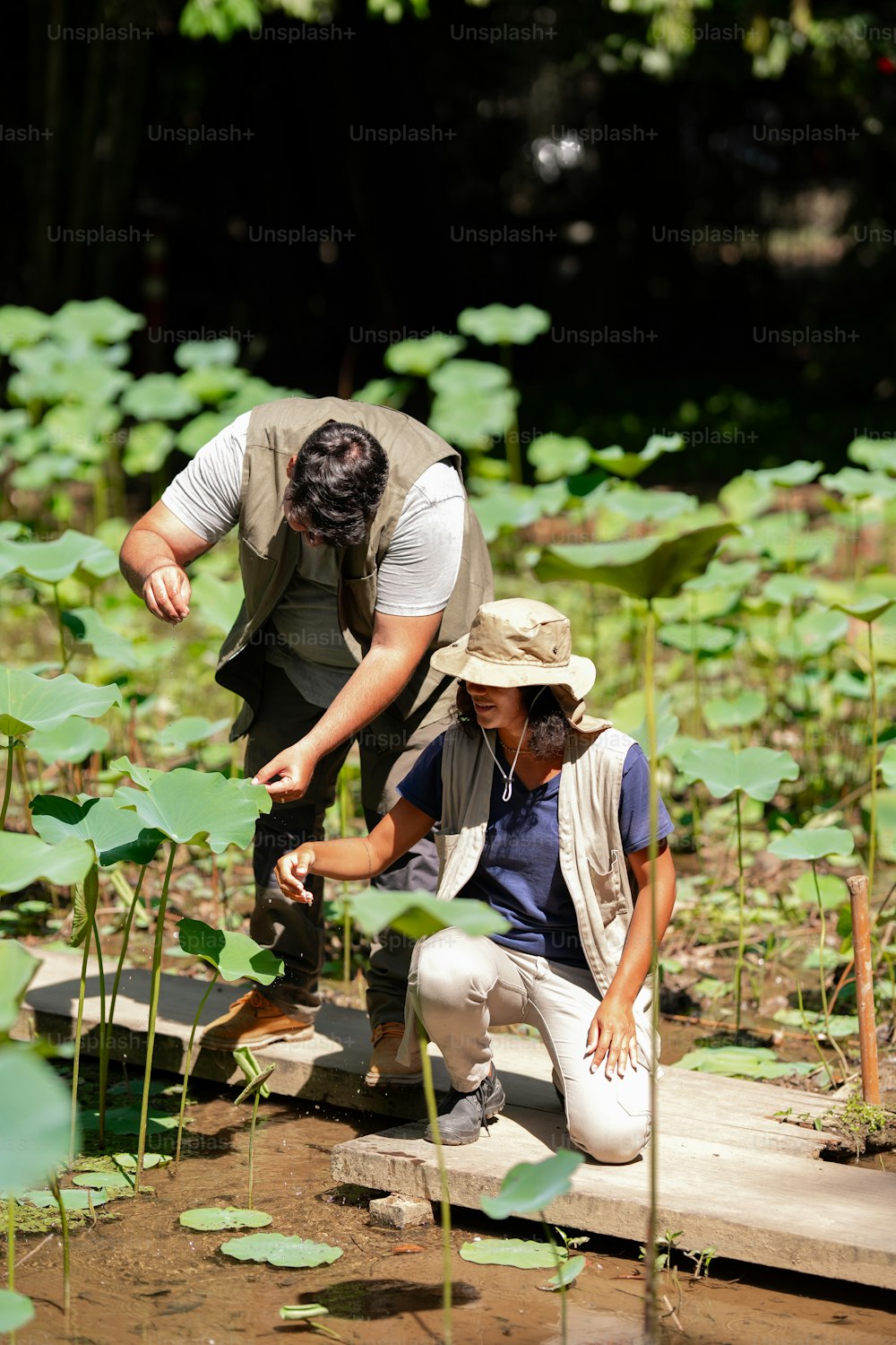 a man and a woman standing over a pond of water lilies